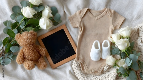 A cozy and elegant flat-lay pregnancy announcement with a teddy bear, baby bodysuit, and white roses, featuring a blank frame and copy space for text