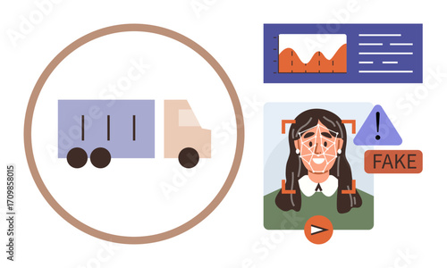 Analysis tools detect deepfake images with outlined face, alongside a truck and data graphs. Ideal for AI, security, data analysis, logistics, digital safety, technology education, simple flat