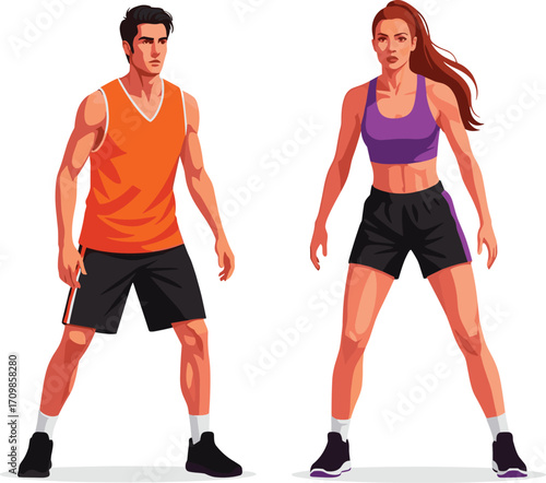 Fitness activity, athletic lifestyle, male and female characters, workout stance, sportswear illustration, exercise concept, active posture, gym training, healthy living