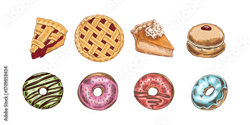 Hand drawn vintage sketch set of pies, pie slices and colorful glazed donuts in sweet dessert bakery collection