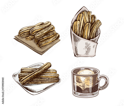 Hand drawn vintage sketch set of churros with sugar, churros in paper pack and coffee cup dessert
