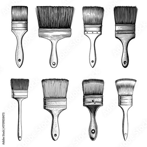 Set of paintbrushes in a black and white engraved style