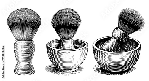 Shaving brushes in vintage woodcut style, black and white