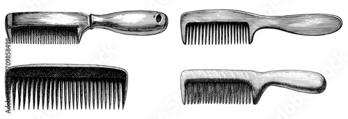 Set of wooden combs in woodcut style, black and white