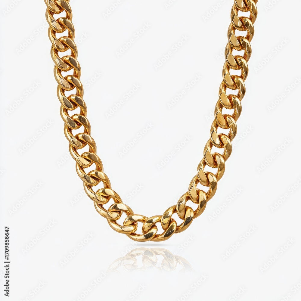 Obraz premium Gold chain necklace, substantial links, reflecting on white background