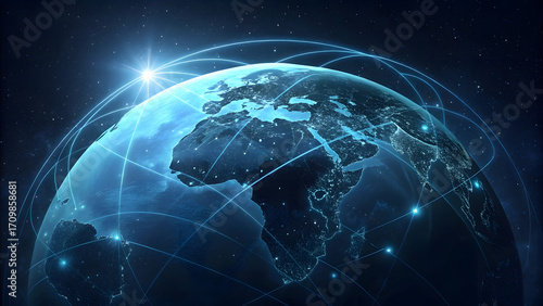 Digital data flows around a blue globe, illustrating the interconnected global network of information and communication technology