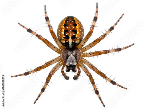 A detailed close up of a european garden spider with a black background showing its hairy legs