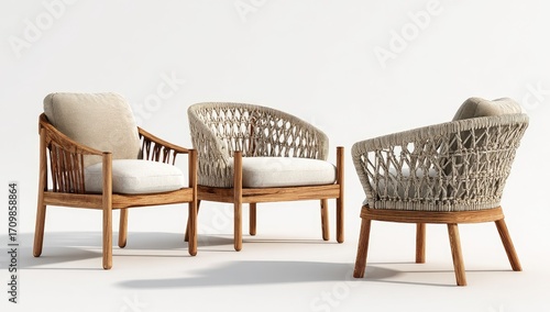 Three light beige woven armchairs with light brown wooden frames, set against a white background