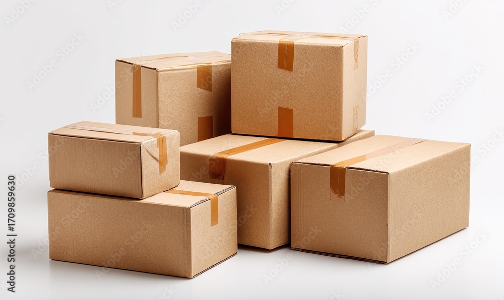 Obraz premium Several cardboard boxes of varying sizes, stacked and arranged. Beige boxes with light-tan tape are on a white background