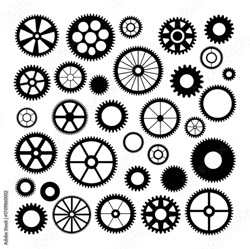 A Collection of Black Gears and Cogs on a White Background