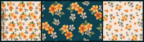 Seamless floral pattern, delicate botanical design of watercolor plants. Rustic style ditsy print collection, small hand drawn yellow flowers, tiny leaves, simple gentle bouquets. Vector illustration.