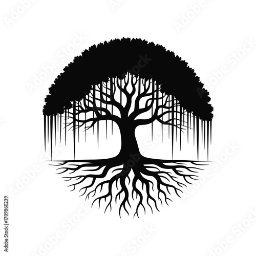 Symbolic banyan tree silhouette with intricate roots and dangling aerial roots in a circle