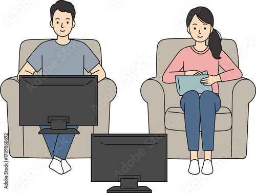 Home entertainment illustration, cartoon characters, TV watching, casual lifestyle, armchair setup, character design, personal space, snack moment, screen focus, relaxation