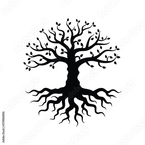 Mysterious silhouette tree with extensive roots symbolizing life growth nature wisdom and connection