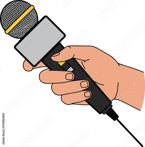 Hand Holding Interview Microphone Vector Illustration – Media, Journalism, News Reporting, Broadcasting, Podcasting, Live Interview, Public Speaking Design