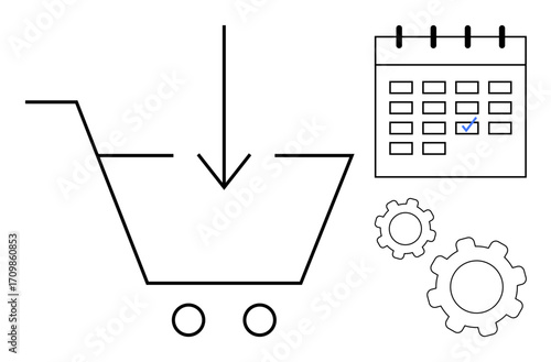 Shopping cart with arrow symbolizing online purchase, calendar with date marked, and gears for workflow. Ideal for e-commerce, scheduling, planning, automation, marketing, strategy simple landing