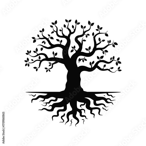 Symbolic silhouette of a flourishing tree of life with strong roots and branches