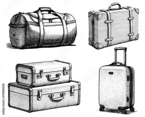 Collection of vintage suitcases and travel bags in woodcut style, black and white