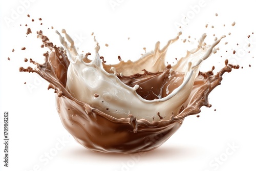 A vibrant splash of milk chocolate and dark chocolate, creating a swirling vortex against a plain white backdrop.  A dynamic display of two contrasting colors in motion