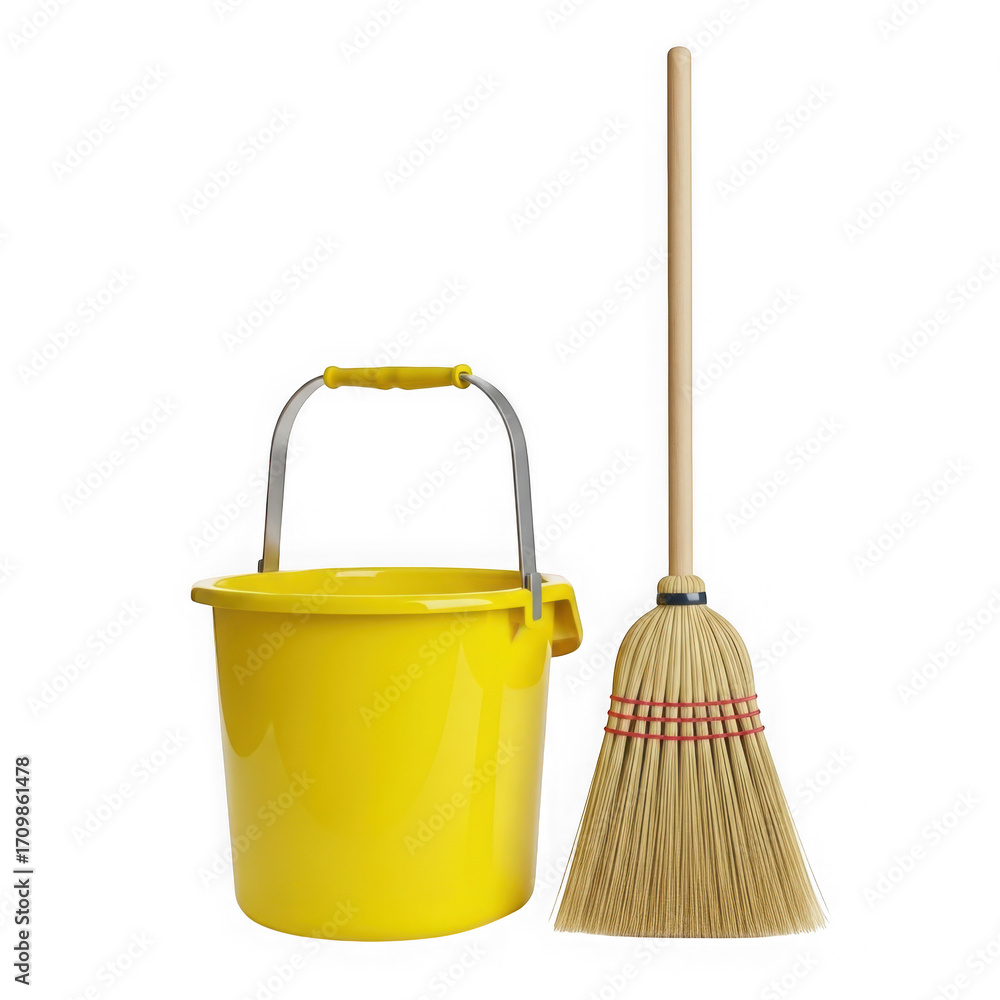 Fototapeta premium Yellow bucket and broom isolated on transparent background