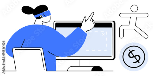 Person wearing a VR headset pointing at a computer screen, symbols of finance and activity. Ideal for technology, education, virtual training, innovation, analytics, finance gaming. Simple flat