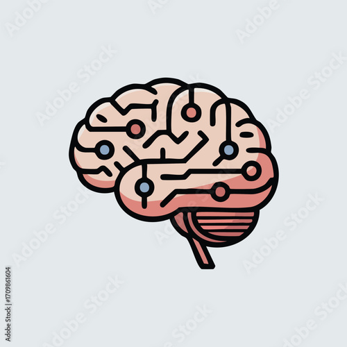 Stylized illustration of a human brain with circuit-like pathways, representing thought processes and cognition.