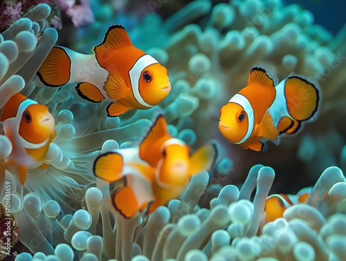A group of clownfish playfully darting in and out of a vibrant sea anemone, their colors contrasting beautifully