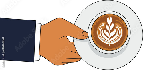 Hand holding latte art coffee cup on saucer, top view flat illustration for cafe menu, barista service, morning beverage concept