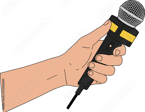 Hand Holding Microphone Vector Illustration – Interview, Public Speaking, Podcasting, Music, Performance, Broadcasting, Journalism, Media Event, Communication Design