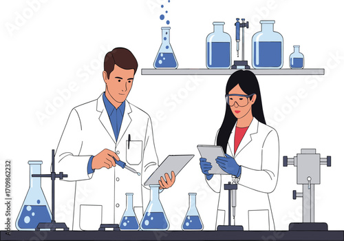 Laboratory illustration, cartoon scientists, experiment setup, lab coats, safety goggles, scientific research, glassware, clipboard, tablet, teamwork, chemistry scene