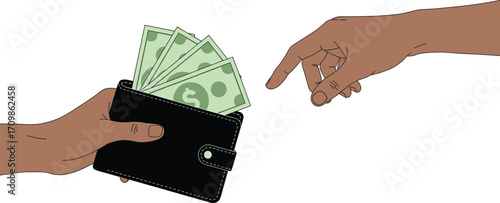 Hand Holding Wallet with Cash and Another Hand Reaching, Concept of Money Exchange, Payment, Financial Transaction, Business Illustration
