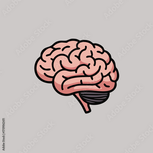 Illustration of a stylized human brain with pink coloring and black outlines on a light gray background.