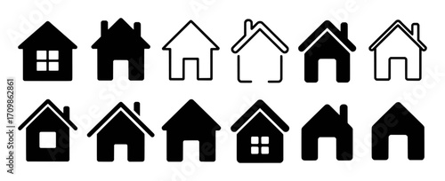 Collection of diverse house icons in black and white, representing homes