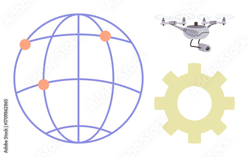Global grid with data points, quadcopter with camera, and gear icon highlighting innovation, automation, smart technology. Ideal for digital innovation, technology, automation, connectivity data flow