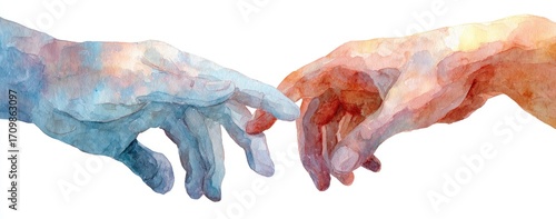 Two outstretched hands, painted in watercolor, reaching toward each other.  The colors are soft, blended shades of blue, peach, and light orange, creating a serene and almost ethereal feel.  