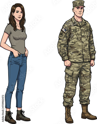 Military and civilian illustration, cartoon characters, camouflage uniform, casual outfit, character contrast, soldier vs civilian, boots, lifestyle comparison, stance pose, identity theme