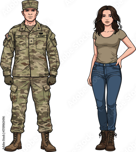 Military and civilian illustration, cartoon characters, camouflage uniform, casual outfit, character contrast, soldier vs civilian, boots, comparison scene, lifestyle design, stance pose