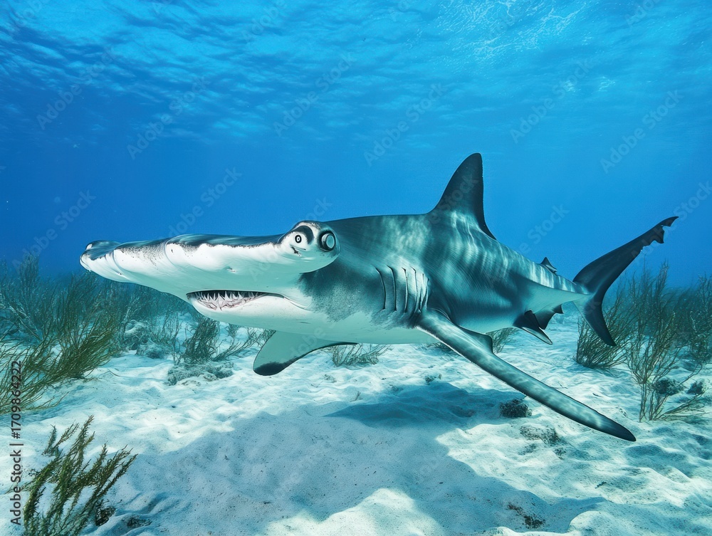 Fototapeta premium A hammerhead shark hunting near the ocean floor, its distinct head scanning for prey
