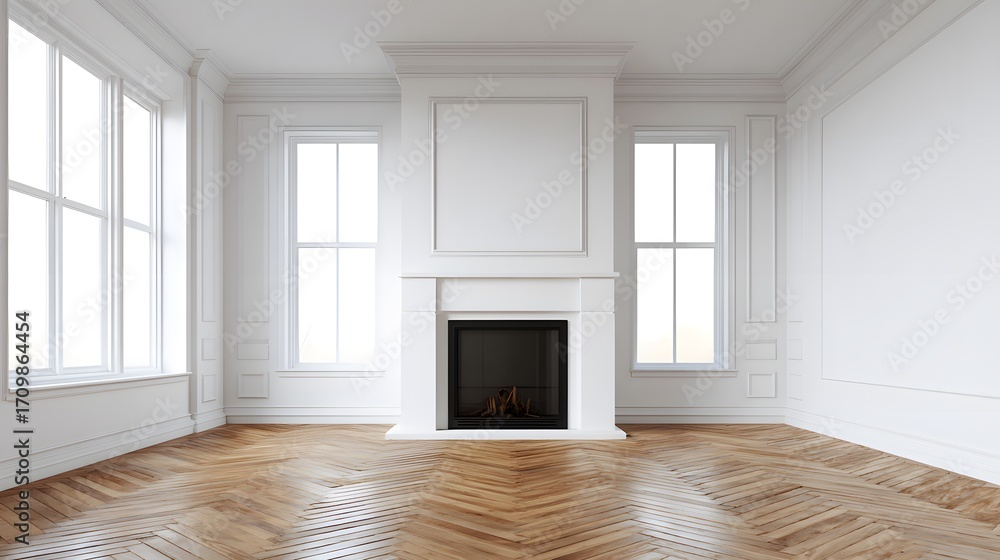 Fototapeta premium Minimalist living room featuring white walls and wooden floors, bathed in natural ambient light for a clean aesthetic.