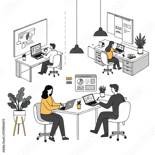 Collaborative 2D flat vector: Two people at a shared desk in a vibrant co-working space, presenting and note-taking, with remote workers and plants.