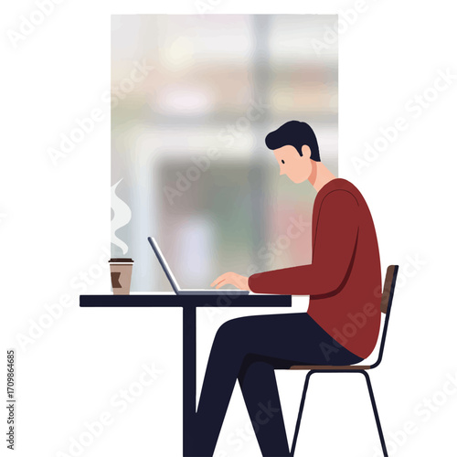 A modern 2D flat vector illustration shows a young man focused on working with his laptop at a minimalist cafe table, featuring a steaming coffee cup and a blurred city street background.