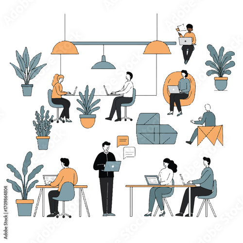 Diverse professionals collaborate and work independently in a bright, modern co-working space, presented in a clean 2D flat vector illustration with geometric furniture and plants.