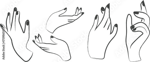 Hand drawn hand gestures cartoon illustrations, Set of hand gestures and silhouettes in a vector illustration style, isolated on white background, Minimalist black and white hand gesture art design
