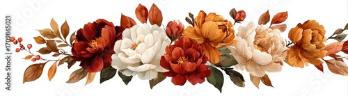 Autumnal floral arrangement featuring peonies in shades of red, orange, and cream, with autumnal leaves