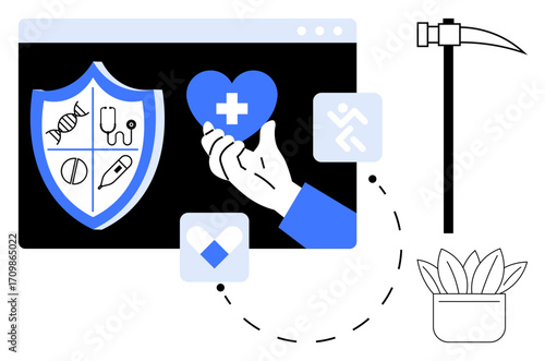 Heart with medical cross, shield showing wellness symbols, progress icon, pickaxe, and plant pot. Ideal for healthcare, self-improvement, wellness, health-tech digital tools protection growth
