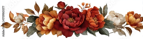 Autumnal floral arrangement featuring peonies, leaves, and blooms in warm, muted tones