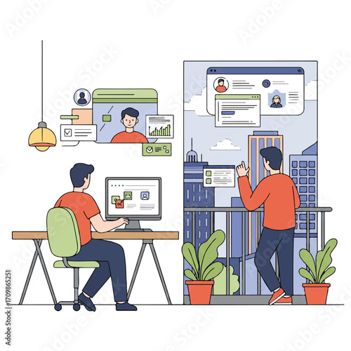 Flat 2D vector of two digital nomads collaborating via video call; one works from a co-working desk, the other on a city balcony, symbolizing remote work and global connection.