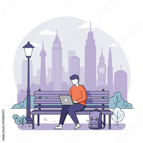 A 2D flat vector illustration depicts a digital nomad sitting on a park bench in a bustling city, working on a laptop with a backpack nearby, against a subtle background of iconic urban landmarks.