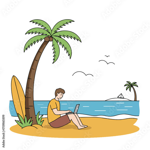 A simplified 2D flat vector illustration depicts a digital nomad working on a laptop under a palm tree on a tropical beach, ocean and a surfboard.