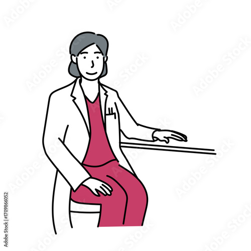 椅子に座る女性医師が診察や説明を行うイラスト｜病院や診療所における医療従事者の姿を描いた安心感と信頼を表現する素材